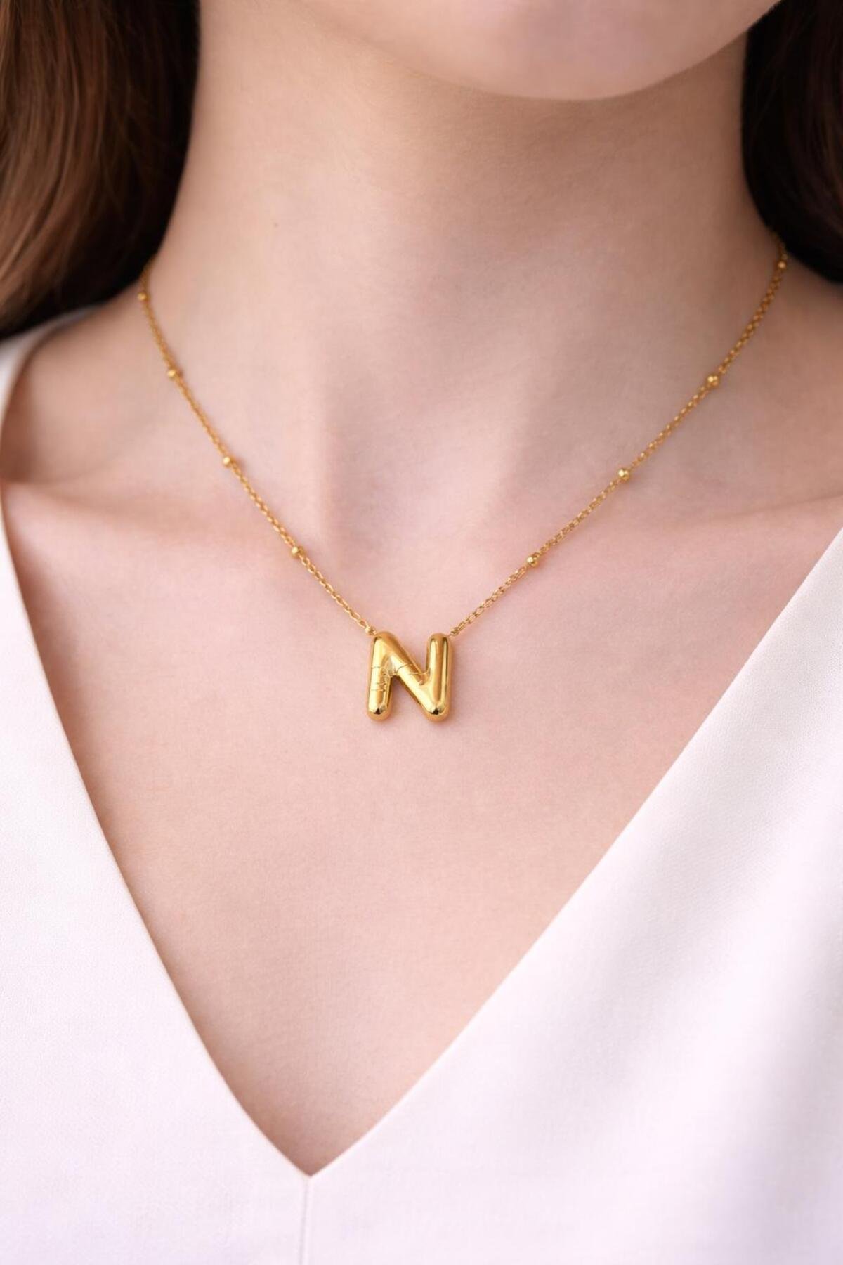 N HARFLİ BALON MODEL ÇELİK KOLYE