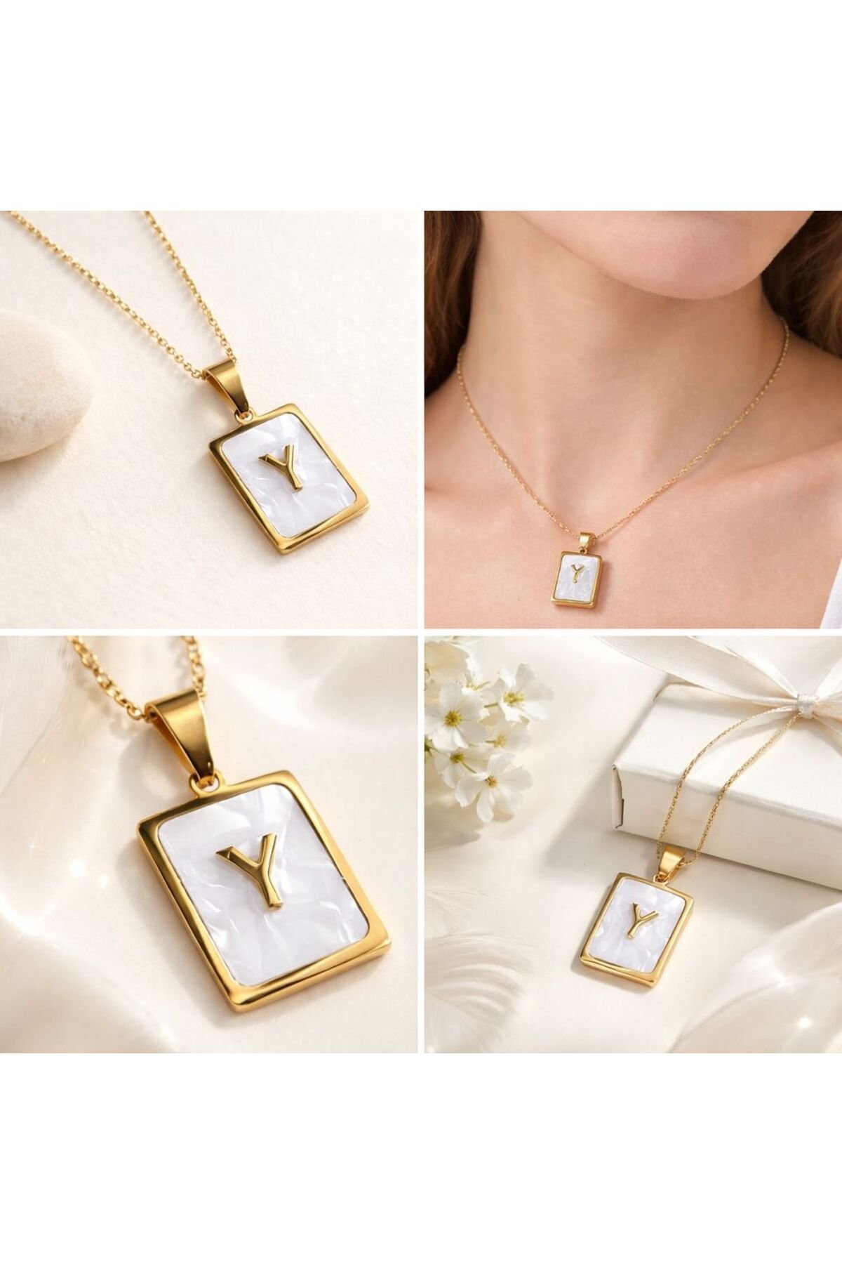 Çelik sedefli Y harfli kolye