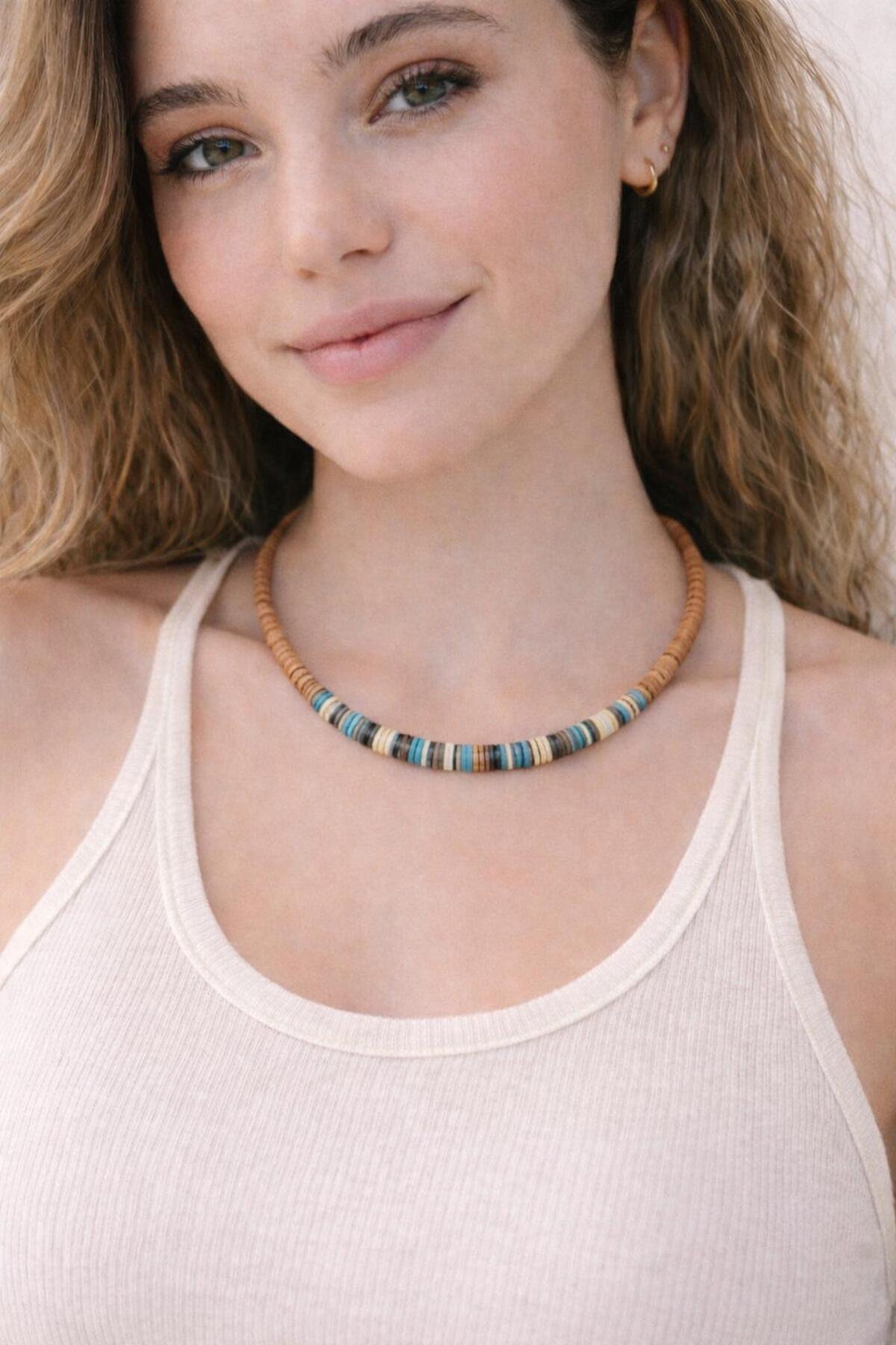 Doğal Tonlar El Yapımı Fimo Boncuk Kolye – Yeşil & Toprak Renkli