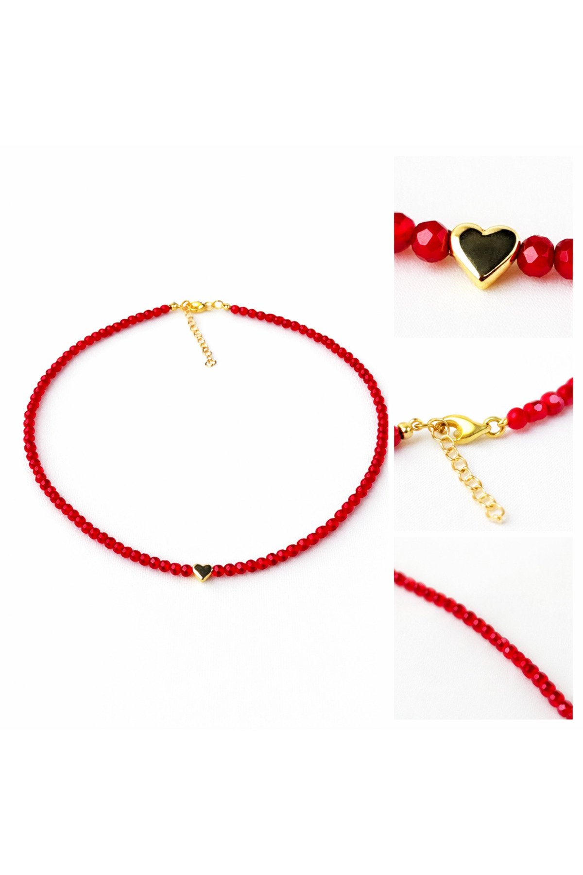 Kırmızı Kalp Detaylı Minimal Boncuk Kolye