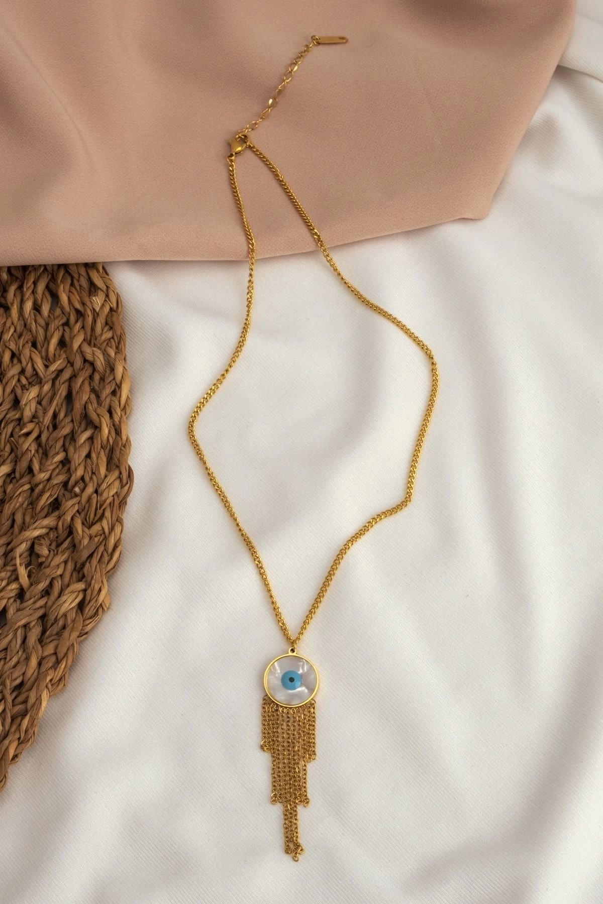 Nazar Gözlü Püsküllü Gold Çelik Kolye