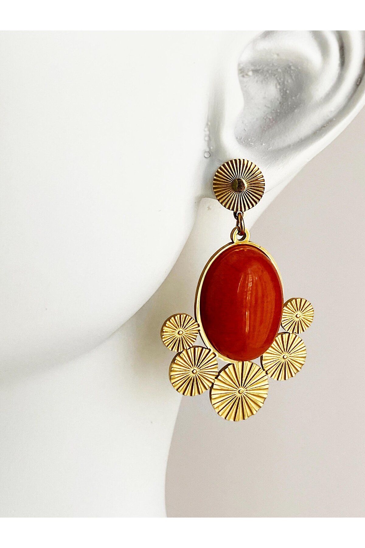 Turuncu Taşlı Vintage Çelik Küpe