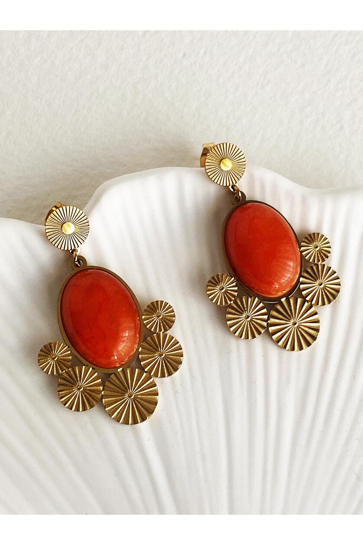 Turuncu Taşlı Vintage Çelik Küpe