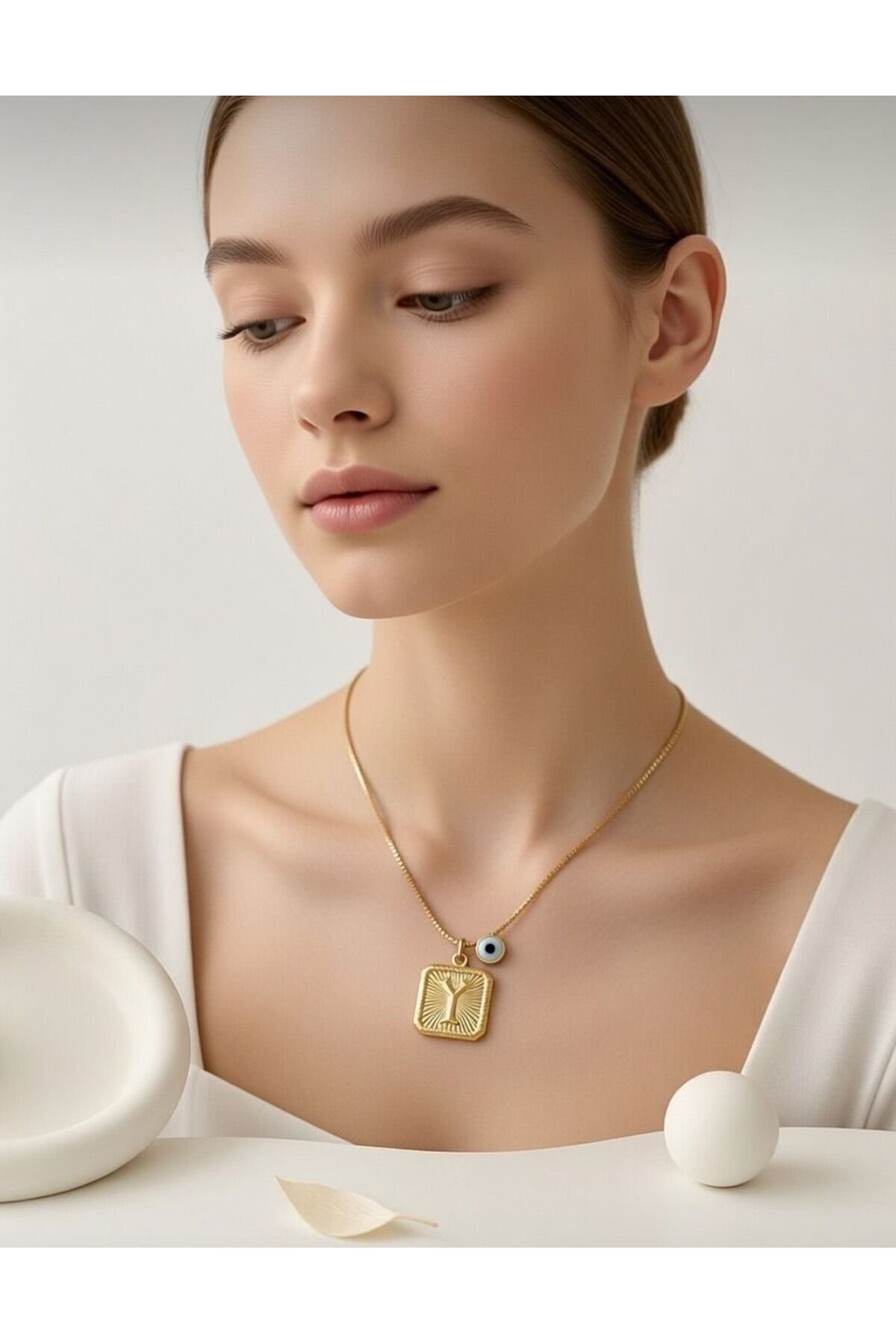 Çelik Nazar Boncuklu Vintage Y Harf Kolye