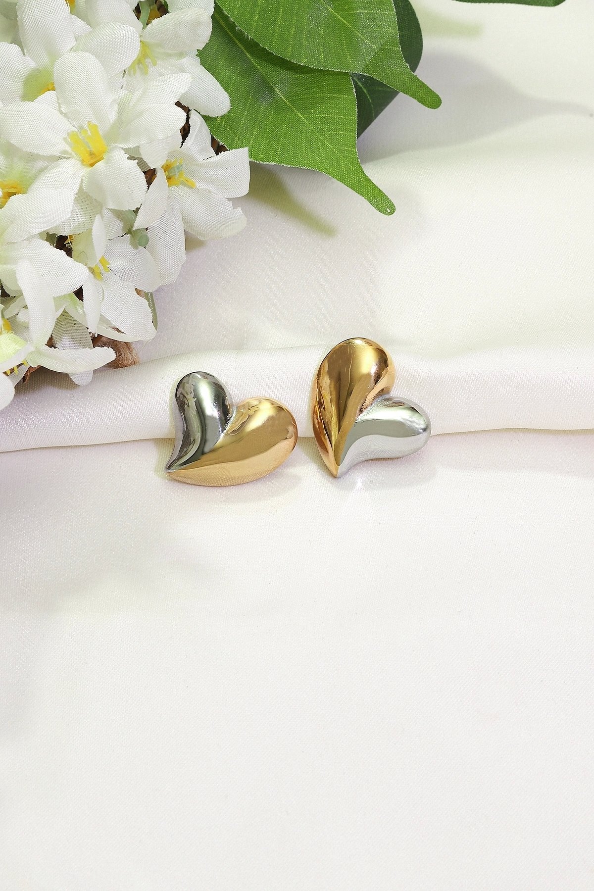 Çelik Çift Renk Kalp Küpe