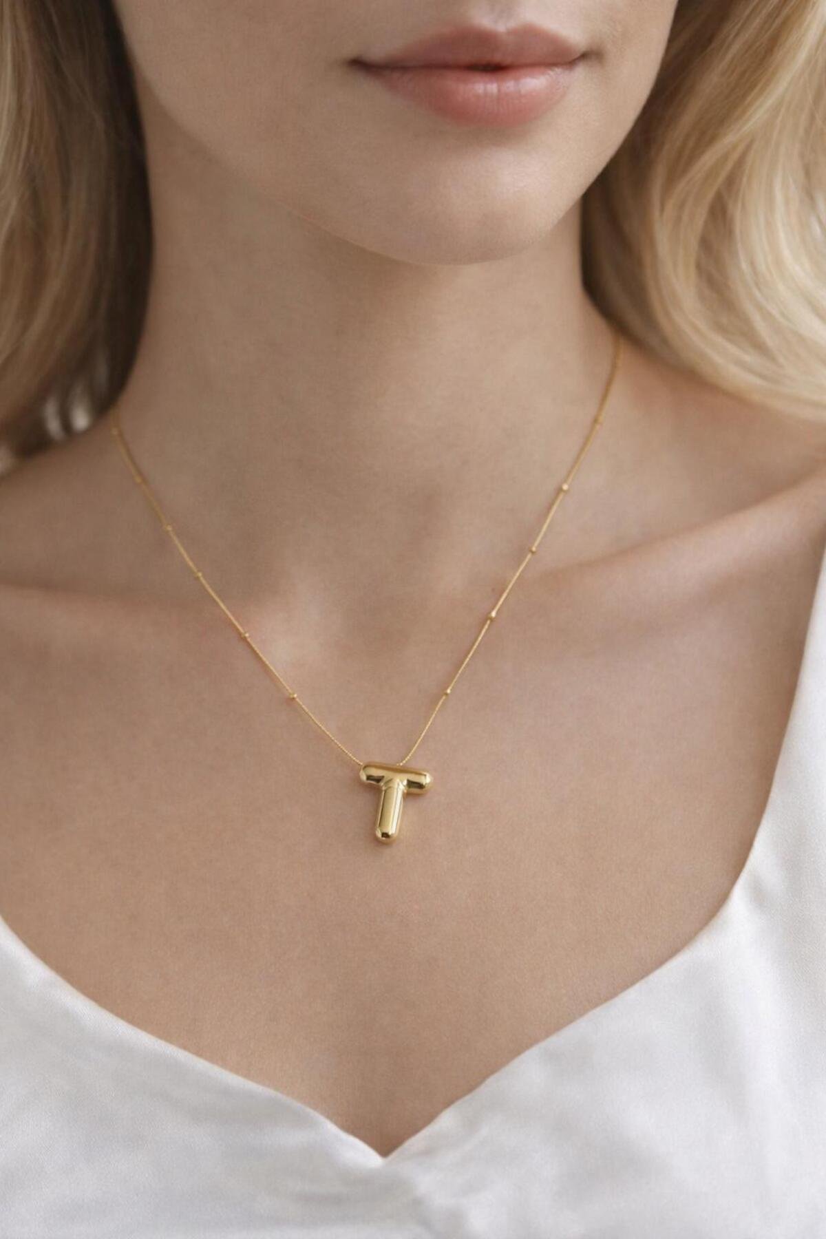 Çelik Zincirli T Harfli Gold Renk Bubble Kolye