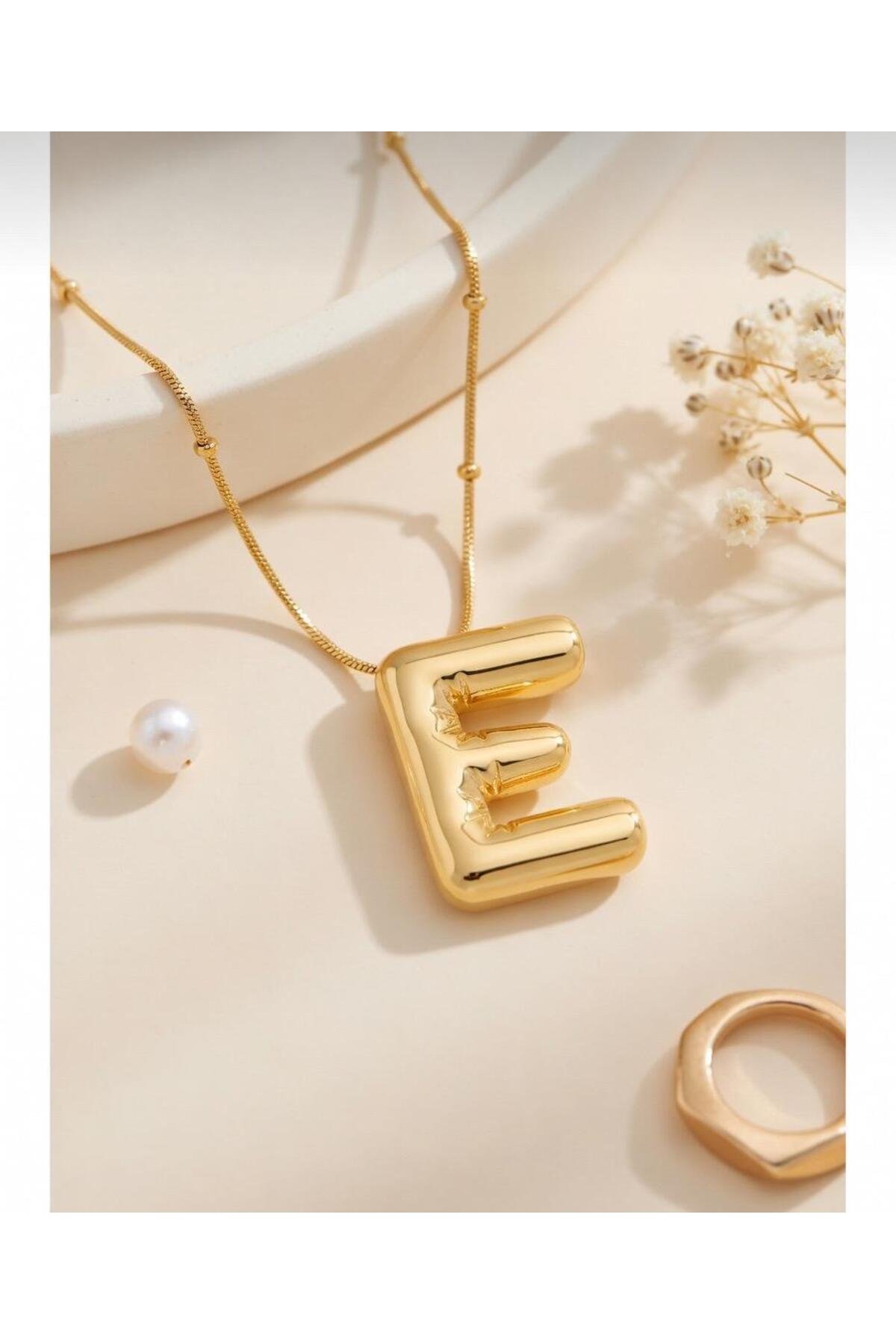 Çelik Zincirli E Harfli Gold Renk Bubble Kolye