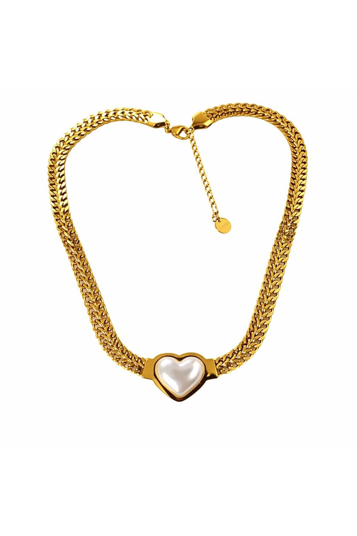 İNCİLİ KALIN BURMA KALPLİ ÇELİK KOLYE