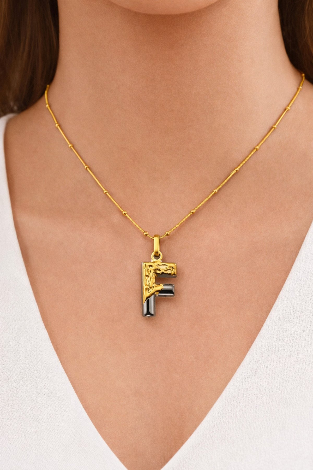 ÇİFT RENKLİ F HARFLİ ÇELİK KOLYE