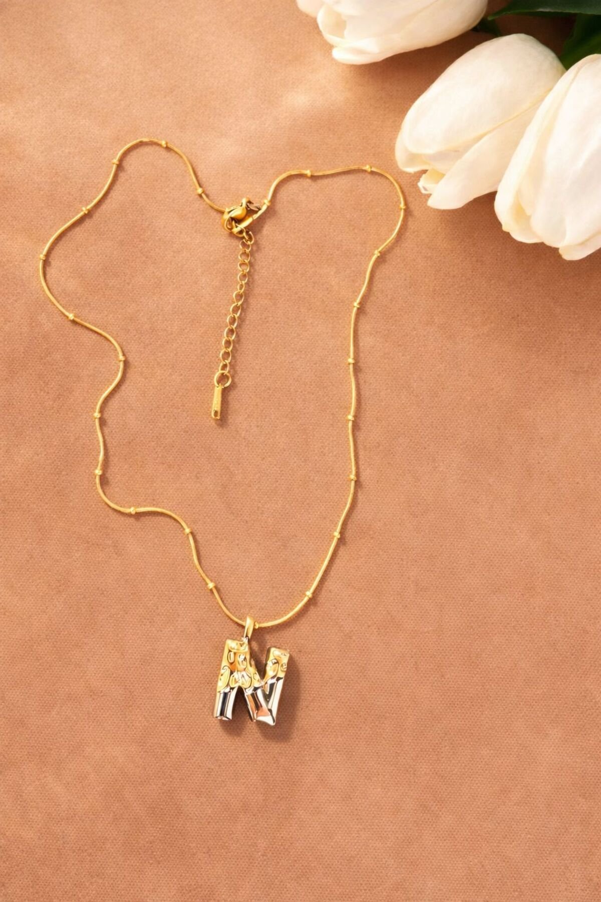 ÇİFT RENKLİ N HARFLİ ÇELİK KOLYE