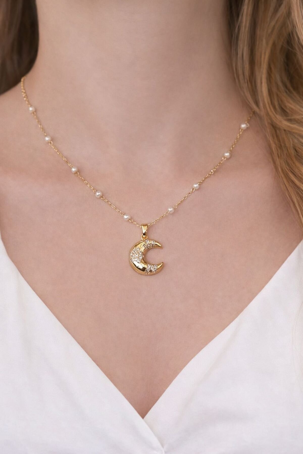 Ultra Premium İnci Tasarım Uç Detaylı Çelik Kolye