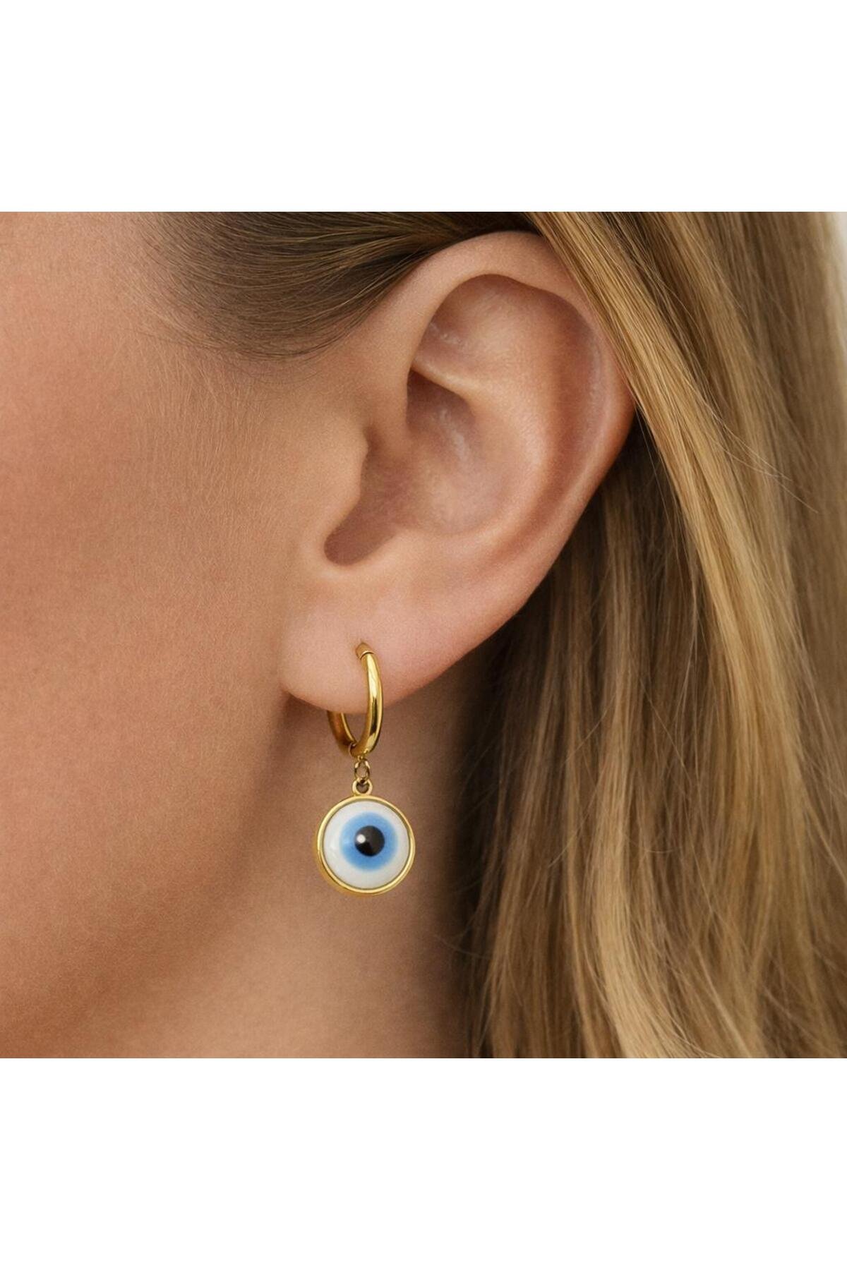Mavi Nazar Detaylı Gold Halka Küpe