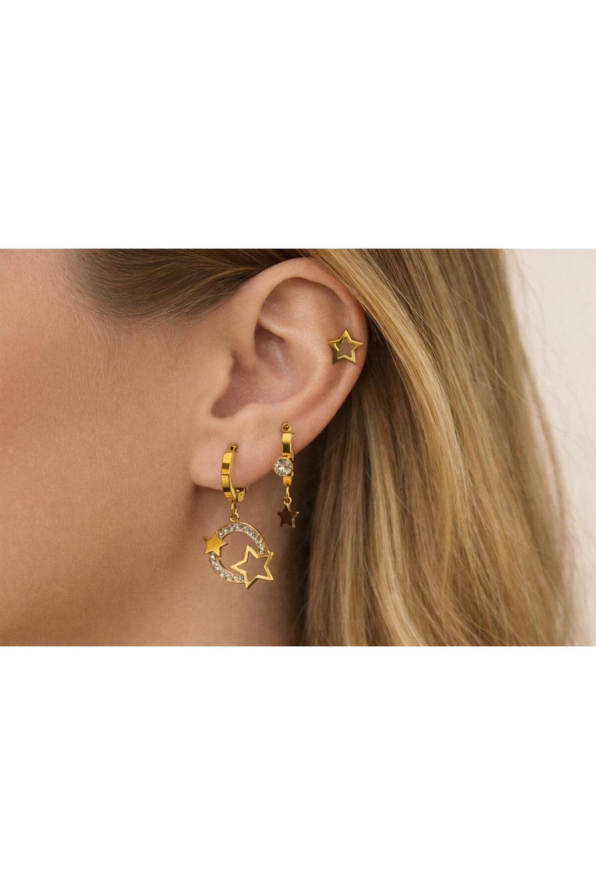 Asimetrik Yıldız & Halka Çelik Küpe Seti – Tek Kulak Kombin