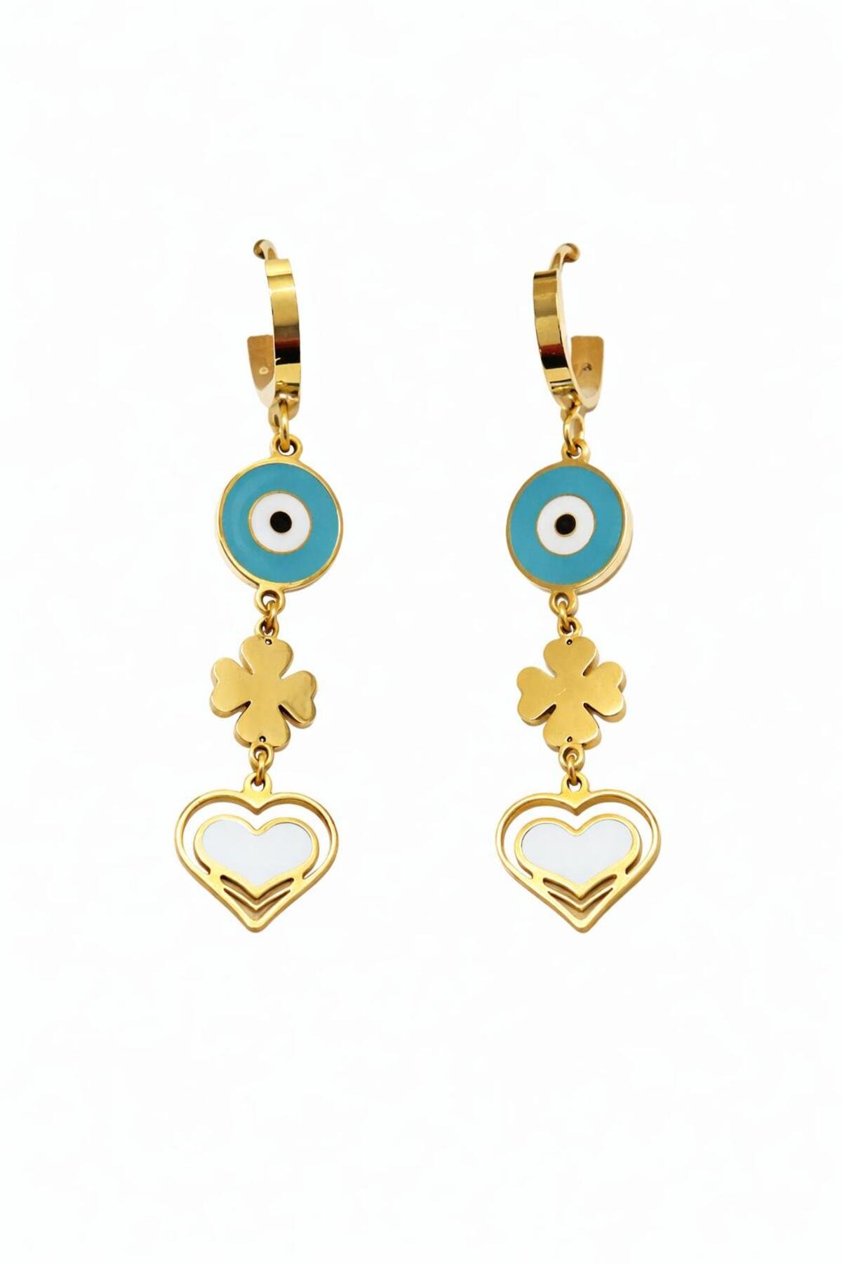 Lucky Heart Nazar Gold Çelik Küpe