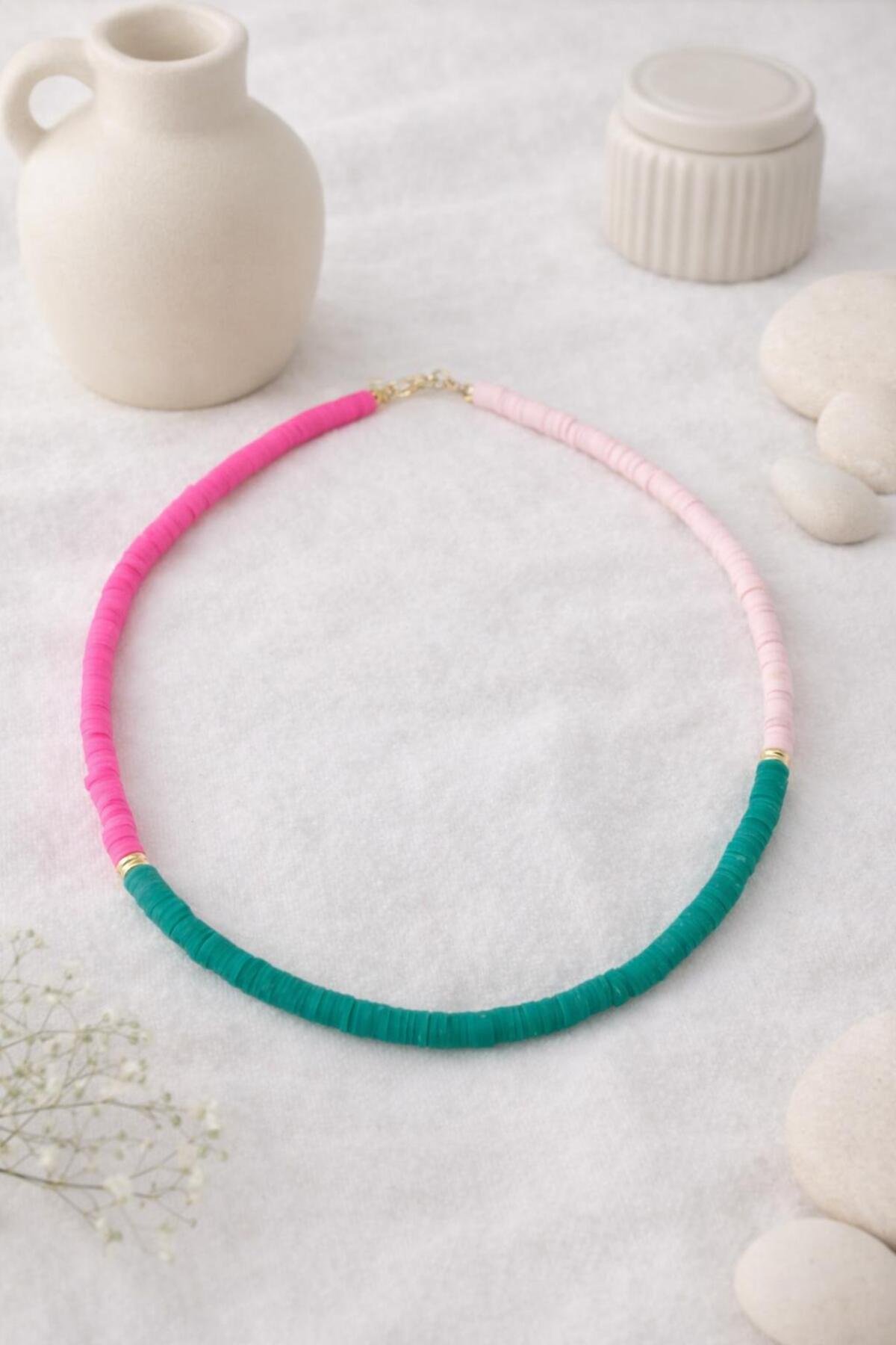 Pembe & Yeşil El Yapımı Fimo Boncuk Kolye – Pastel Tonlu