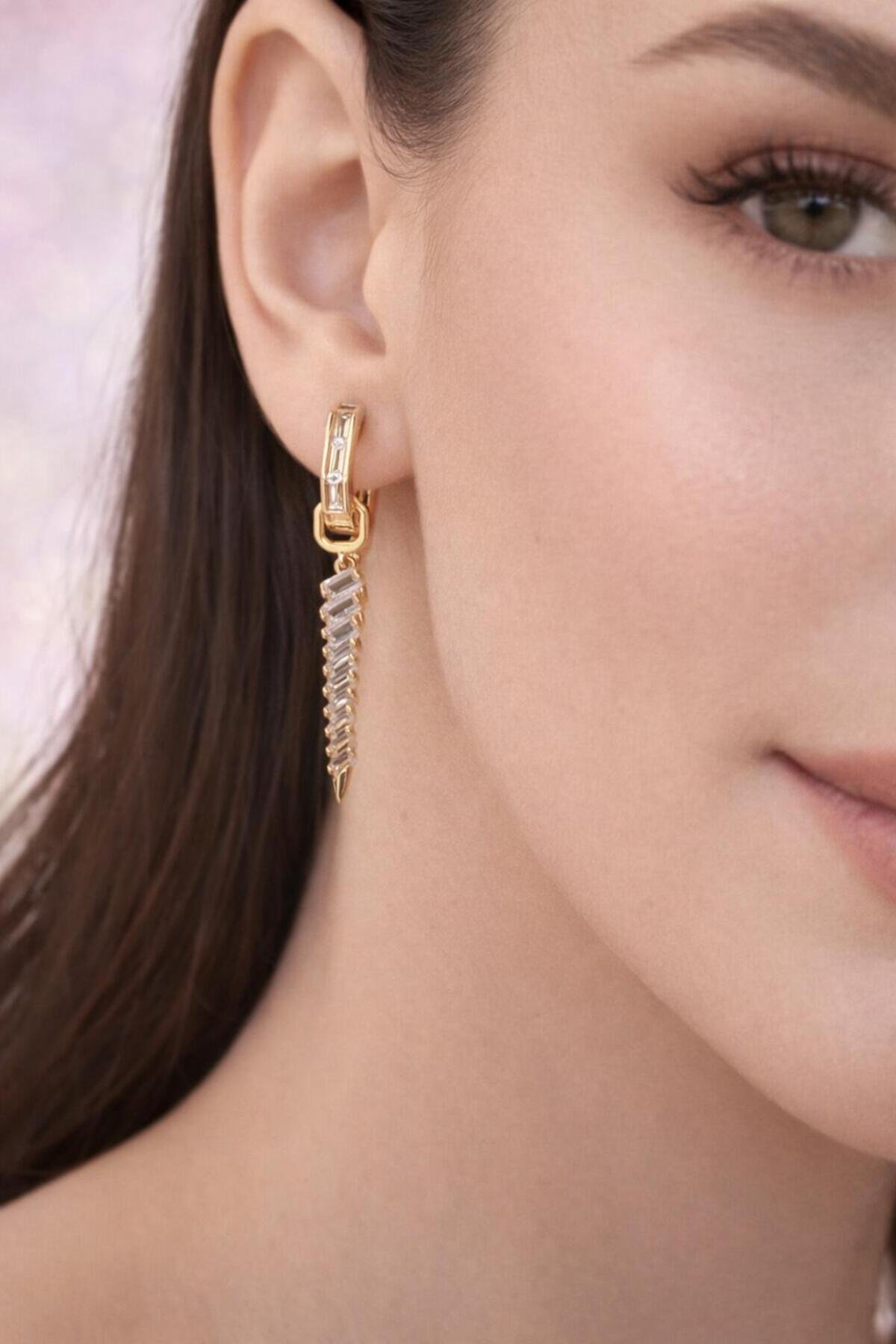 Zarif Işıltılı Gold Küpe 4 Cm