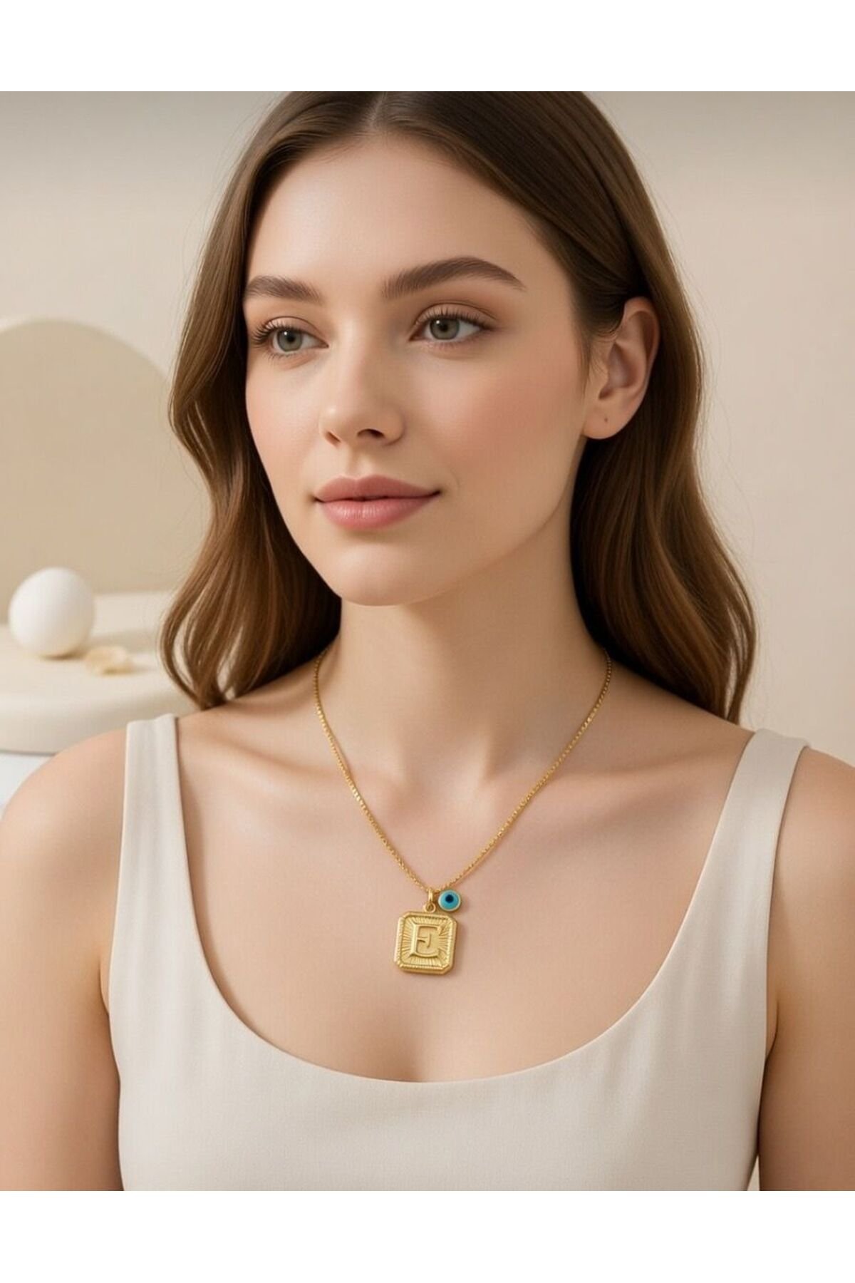 Çelik Nazar Boncuklu Vintage E Harf Kolye
