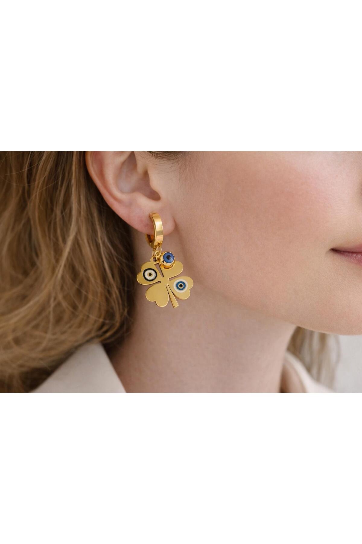 Yonca Mineli Lüks Çelik Küpe