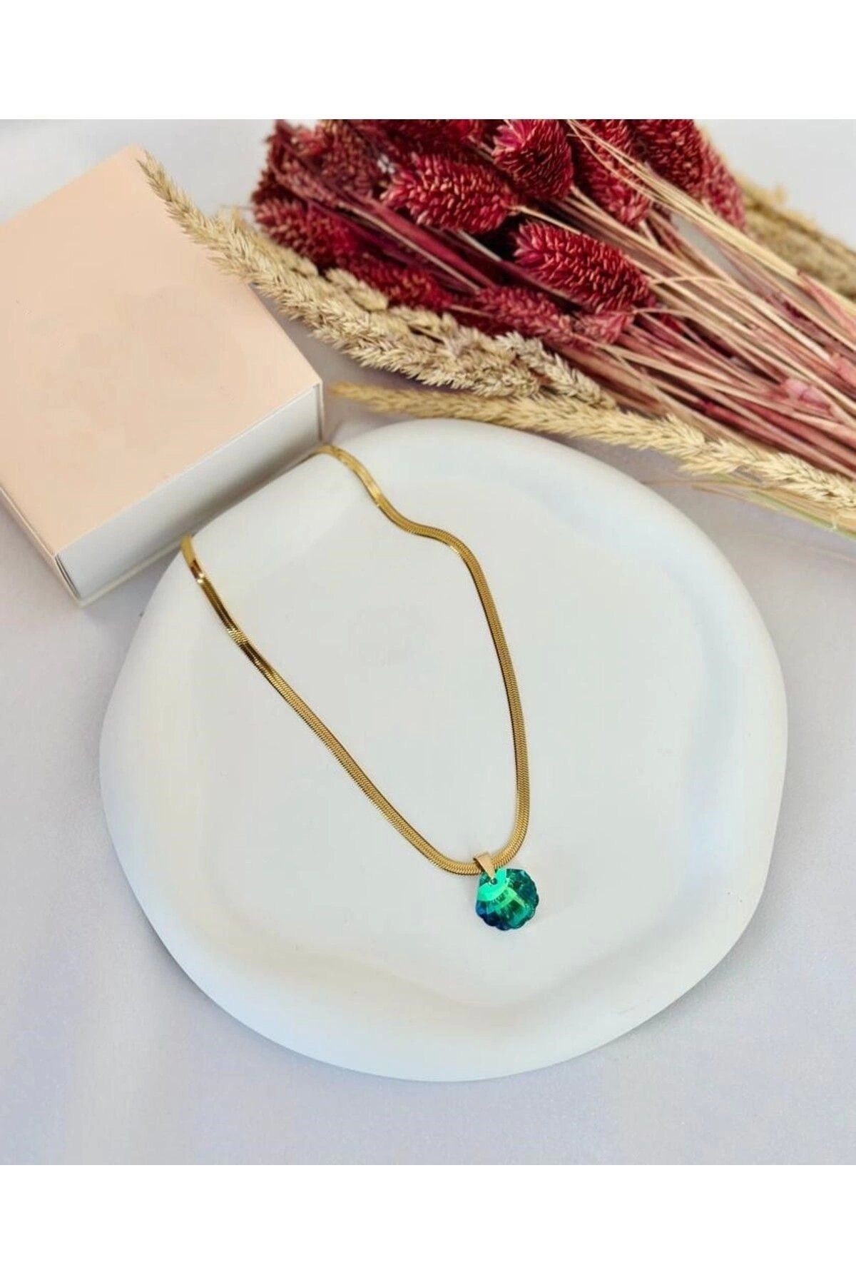 Gold Çelik Yeşil İstiridye İtalyan Kolye